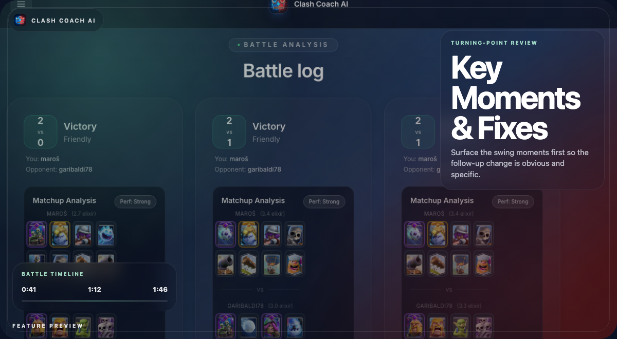 Key moments and fixes feature preview for Clash Coach Ai