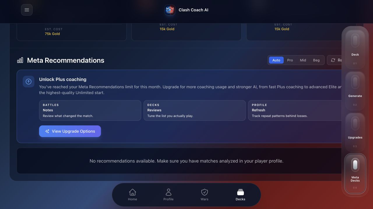Meta deck recommendations inside the Clash Coach Ai deck workspace
